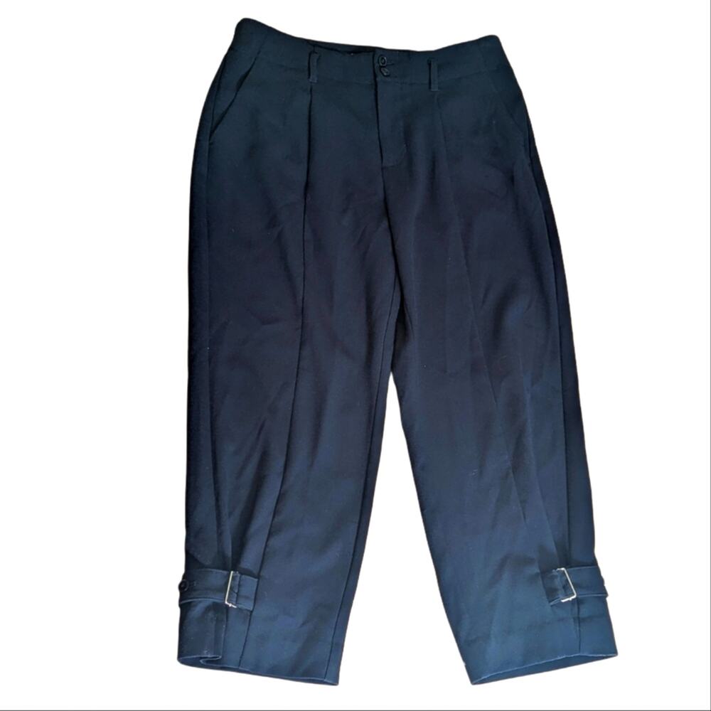 Maeve For Anthropologie Navy High Rise Buckle Detail Cropped Wide Leg Pants